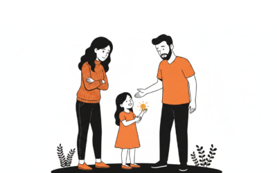 Two parents agreeing child arrangements together, with their young daughter between them