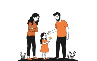 Two parents agreeing child arrangements together, with their young daughter between them