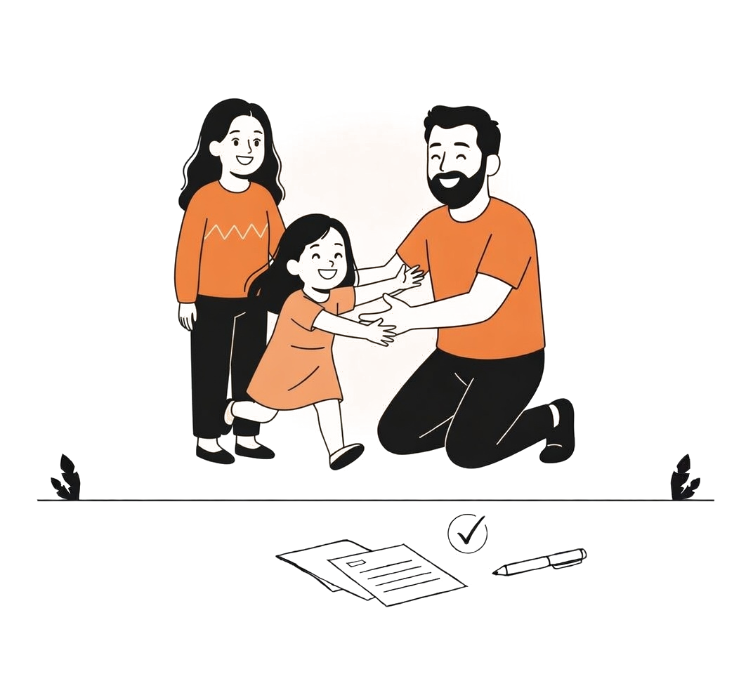 Happy family after reaching a child arrangements agreement through mediation with signed parenting plan