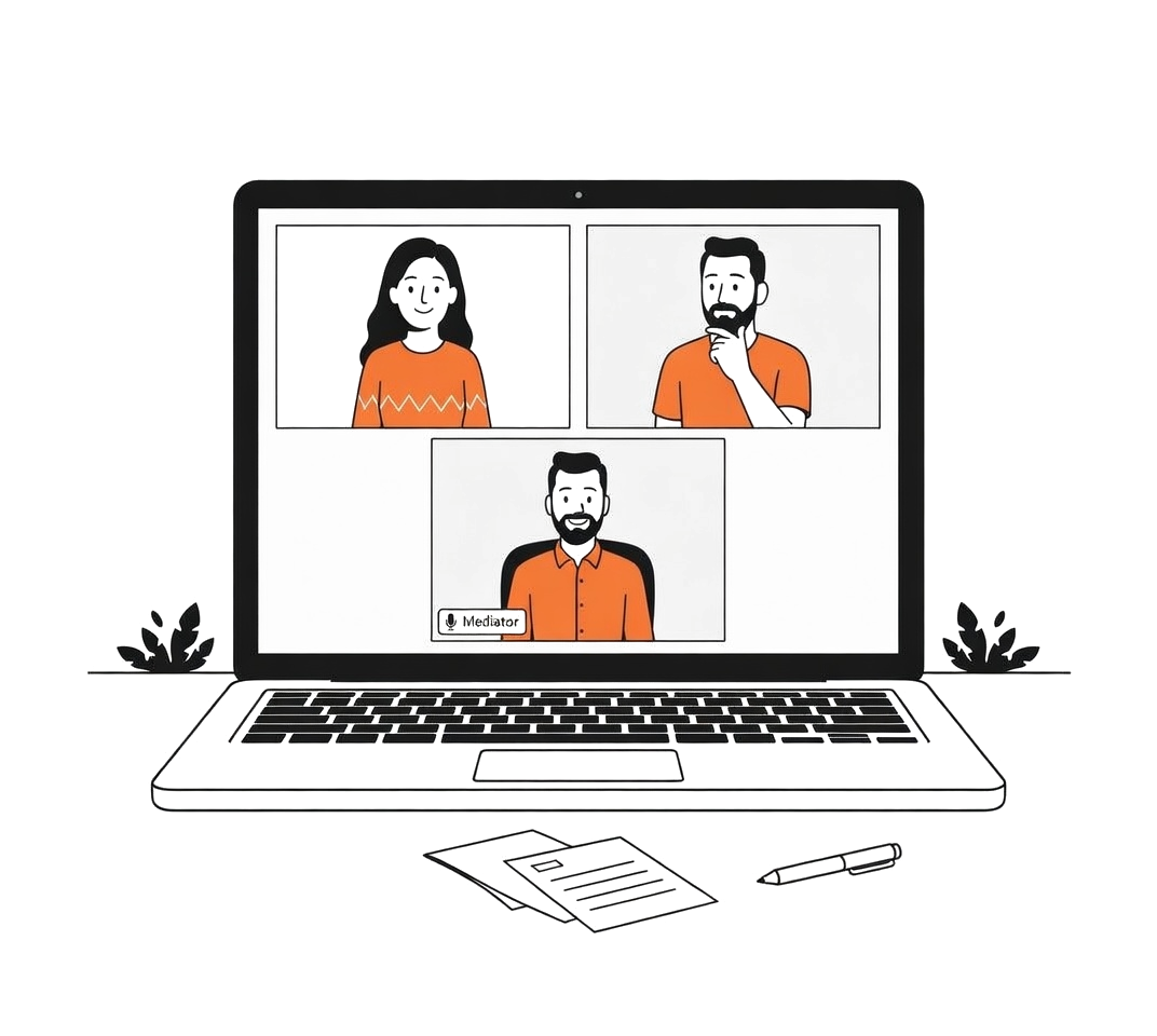 Online family mediation session showing a couple and their mediator on a video call
