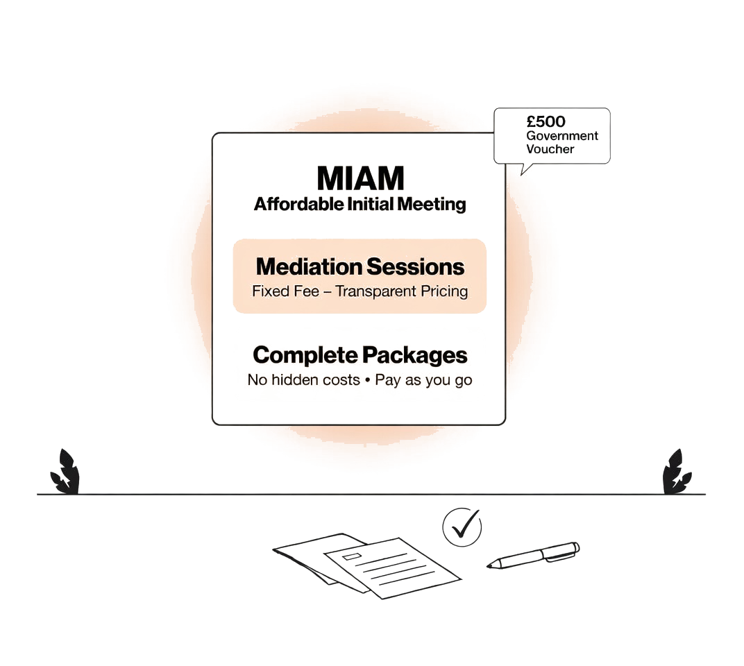 Family mediation pricing breakdown showing MIAM, mediation sessions, and complete packages with £500 government voucher